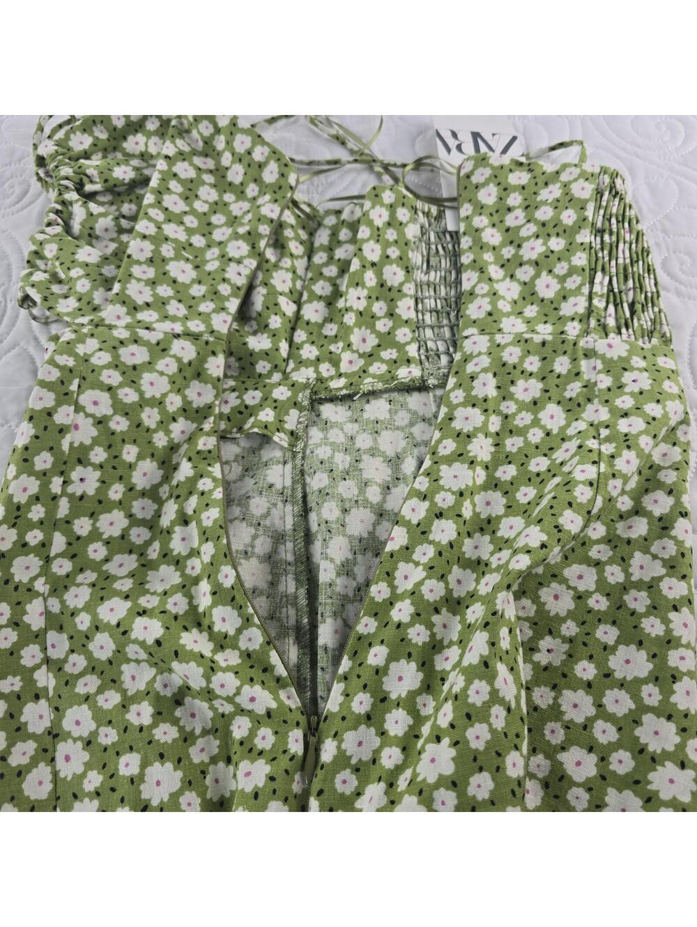 Zara NWT Green Daisy Floral Smocked Midi Dress XS Cottagecore - Picture 8 of 9